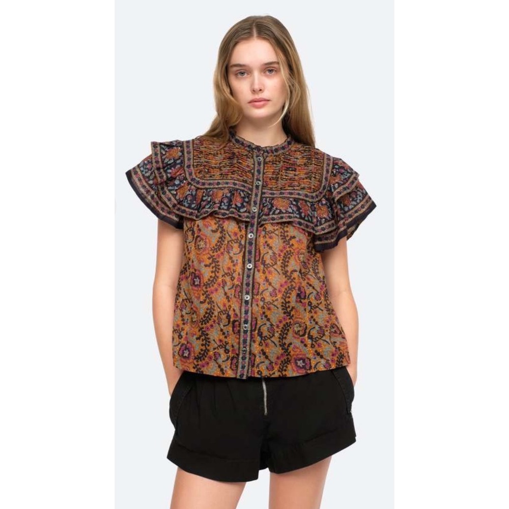 Sea New York Rosita Tank Brown Paisley Smocked Ruffle Flutter Sleeve Top XS